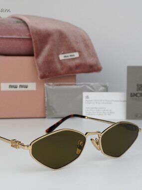 Miu Miu Women Sunglasses Gold Brown Geometric MU56ZS REGARD 5AK09Z NEW AUTHENTIC